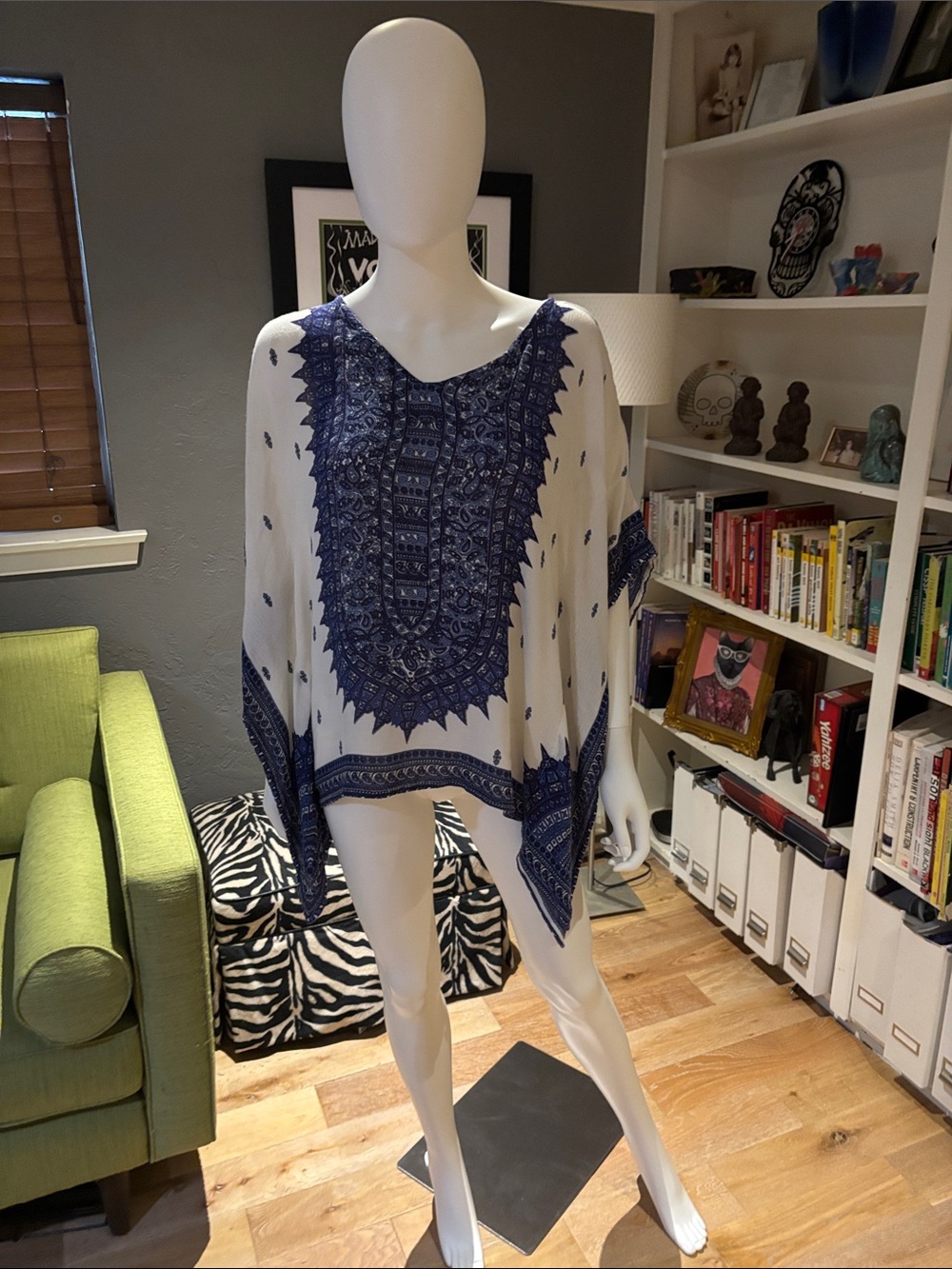 Ayla White and Navy Boho-Print Tunic Top - Relaxed Layering. Medium